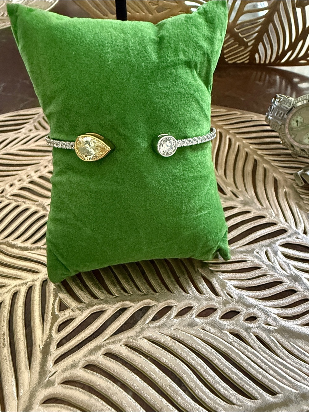 Bangle Bracelet in Platinum Clad  Sterling Silver with Yellow and Clear CZ